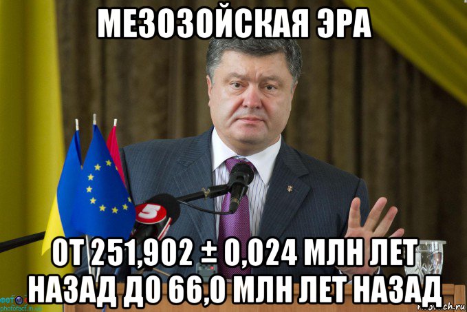 мезозойская эра от 251,902 ± 0,024 млн лет назад до 66,0 млн лет назад