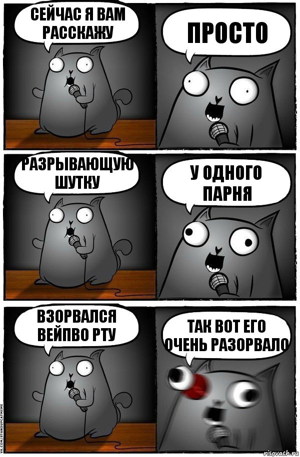 сейчас я вам расскажу Просто РАЗРЫВАЮЩУЮ ШУТКУ У одного парня взорвался вейпво рту Так вот его очень разорвало, Комикс  Стендап-кот