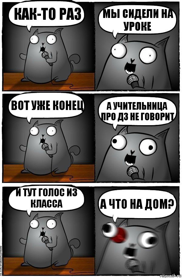 Как-то раз мы сидели на уроке вот уже конец а учительница про дз не говорит и тут голос из класса А что на дом?