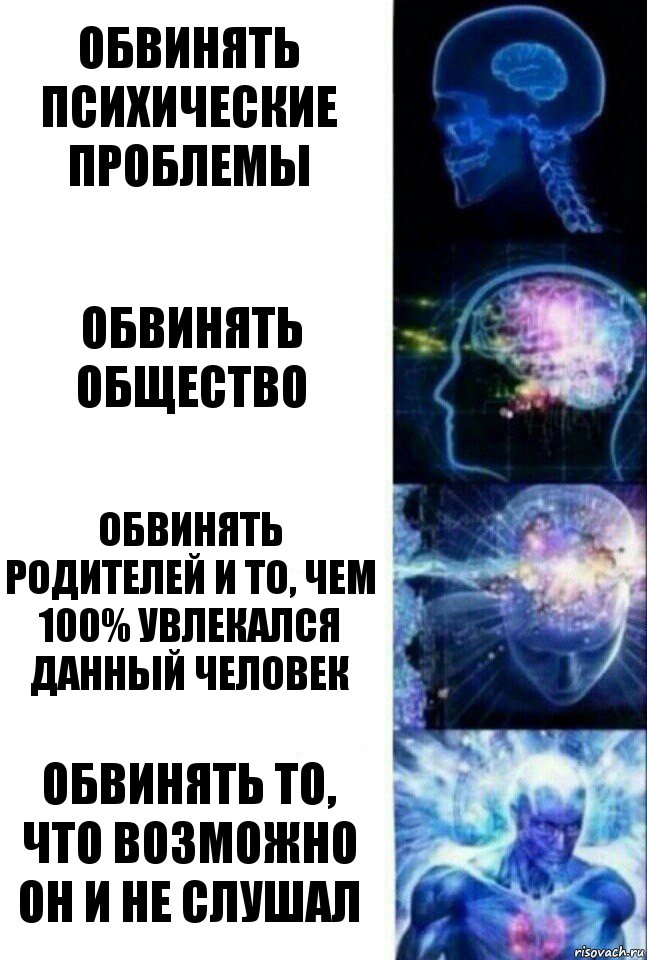 обвинять психические проблемы обвинять общество обвинять родителей и то, чем 100% увлекался данный человек обвинять то, что возможно он и не слушал, Комикс  Сверхразум