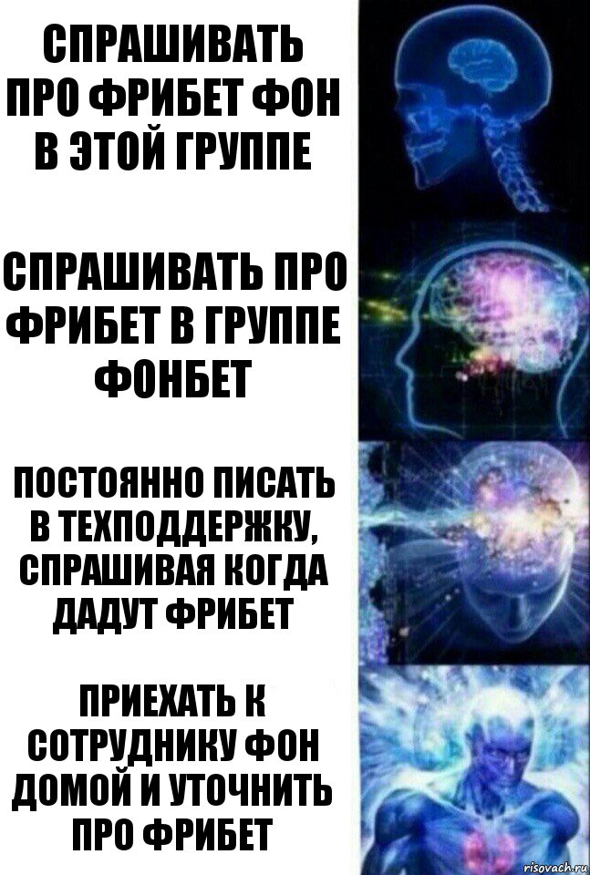 Спрашивать про фрибет ФОН в этой группе Спрашивать про фрибет в группе ФОНБЕТ Постоянно писать в техподдержку, спрашивая когда дадут фрибет Приехать к сотруднику ФОН домой и уточнить про фрибет, Комикс  Сверхразум