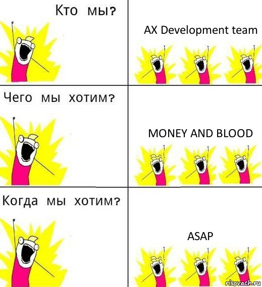 AX Development team Money and Blood ASAP, Комикс Что мы хотим