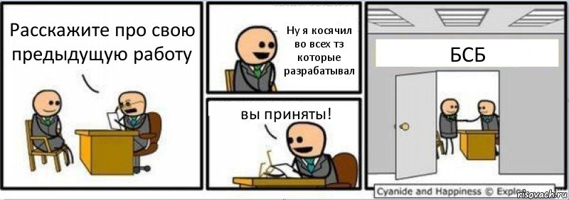 Расскажите про свою предыдущую работу Ну я косячил во всех тз которые разрабатывал вы приняты! БСБ, Комикс Собеседование на работу