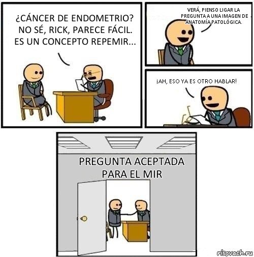 ¿Cáncer de endometrio? No sé, Rick, parece fácil. Es un concepto RepeMIR... Verá, pienso ligar la pregunta a una imagen de Anatomía Patológica. ¡Ah, eso ya es otro hablar! Pregunta Aceptada para el MIR, Комикс  Приняты