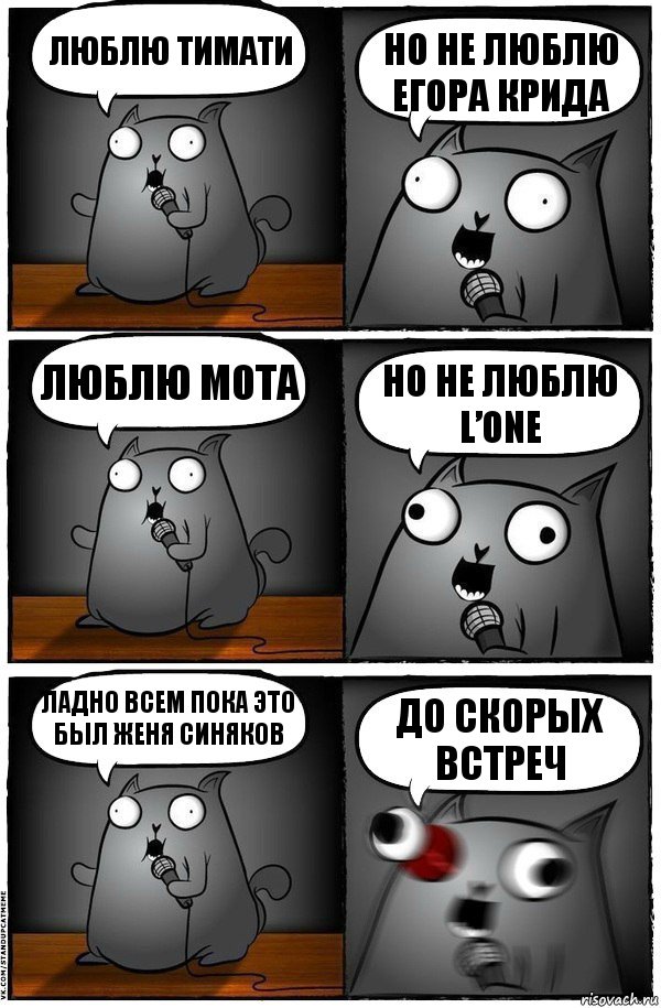 Люблю Тимати Но не люблю Егора Крида Люблю Мота Но не люблю L’one Ладно всем пока это был Женя Синяков До Скорых встреч, Комикс  Стендап-кот