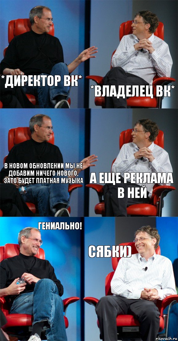 *Директор ВК* *Владелец ВК* В новом обновлении мы не добавим ничего нового, зато будет платная музыка А еще реклама в ней Гениально! Сябки)