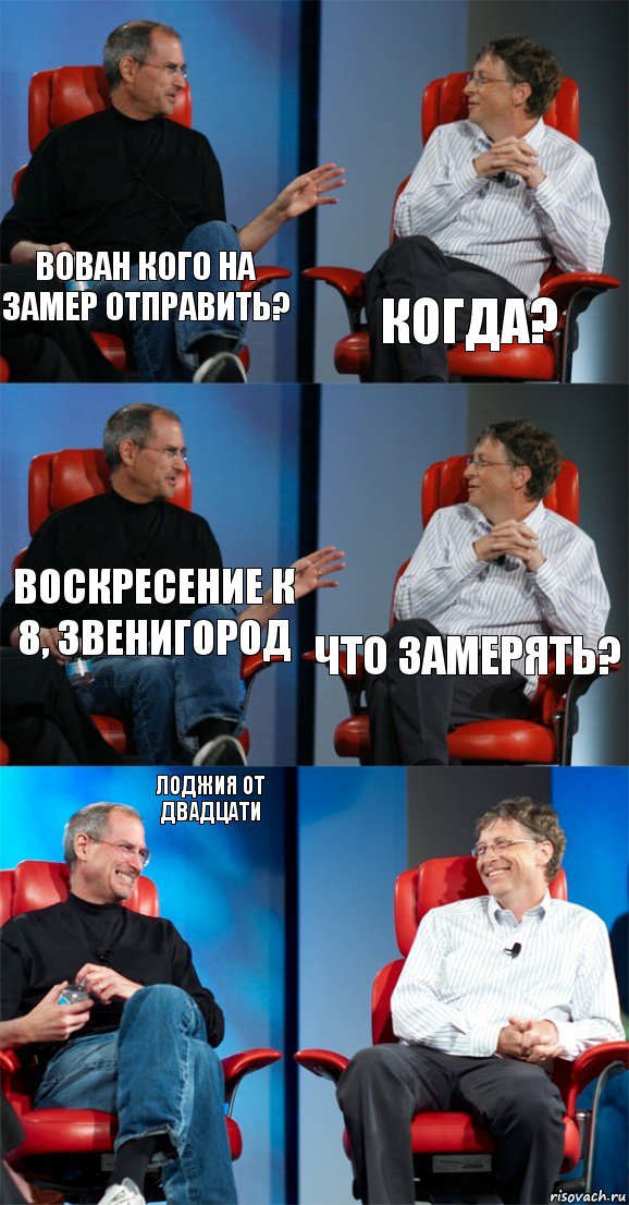 Вован кого на замер отправить? Когда? Воскресение к 8, Звенигород Что замерять? Лоджия от двадцати , Комикс Стив Джобс и Билл Гейтс (6 зон)