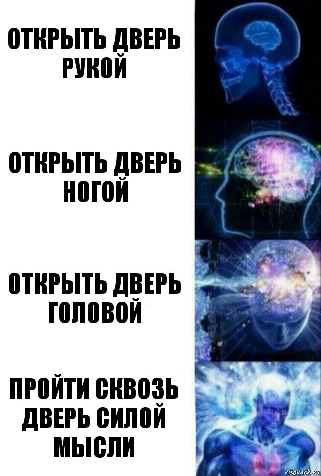 Открыть дверь рукой Открыть дверь ногой Открыть дверь головой Пройти сквозь дверь силой мысли