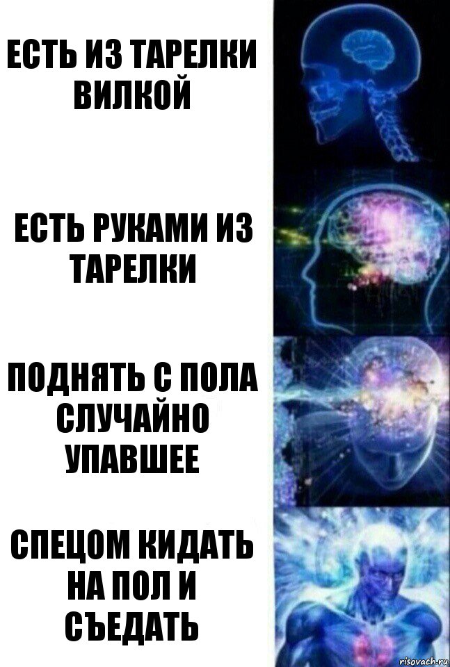 есть из тарелки вилкой есть руками из тарелки поднять с пола случайно упавшее спецом кидать на пол и съедать, Комикс  Сверхразум