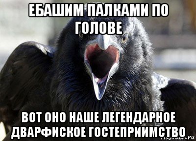 ебашим палками по голове вот оно наше легендарное дварфиское гостеприимство, Мем ворона