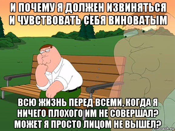 и почему я должен извиняться и чувствовать себя виноватым всю жизнь перед всеми, когда я ничего плохого им не совершал? может я просто лицом не вышел?, Мем Думаю