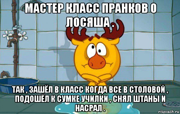 мастер класс пранков о лосяша . так , зашёл в класс когда все в столовой , подошёл к сумке училки , снял штаны и насрал .