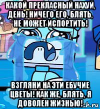 какой прекласный нахуй, день! ничего его, блять, не может испортить! взгляни на эти ебучие цветы! как же, блять, я доволен жизнью!