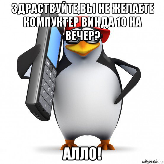 здраствуйте,вы не желаете компуктер винда 10 на вечер? алло!, Мем   Пингвин звонит