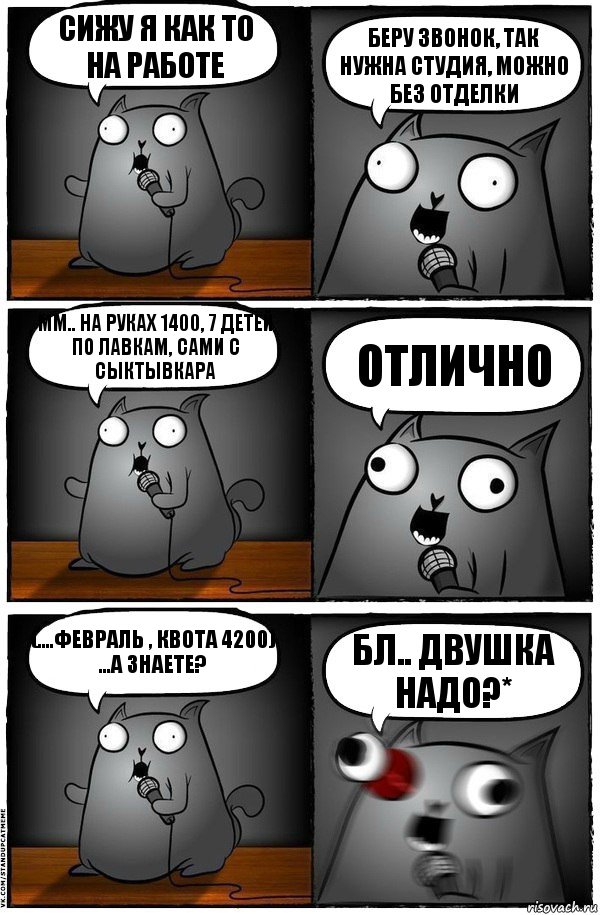 сижу я как то на работе беру звонок, так нужна студия, можно без отделки мм.. на руках 1400, 7 детей по лавкам, сами с сыктывкара отлично (....февраль , квота 4200)
...А знаете? бл.. Двушка надо?*