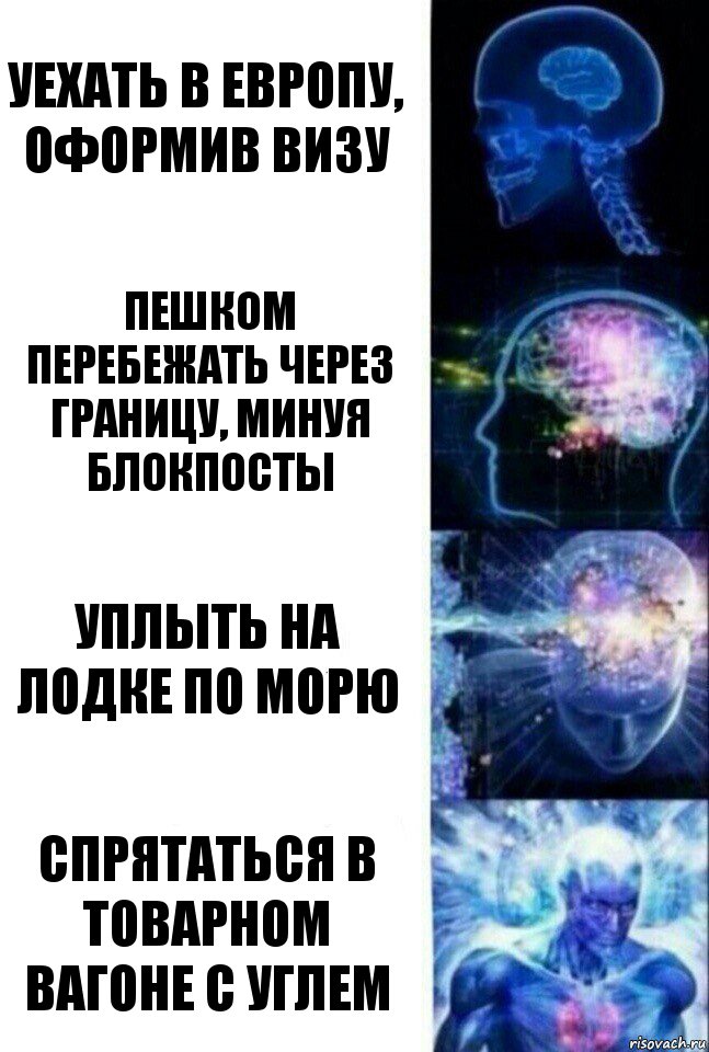 УЕХАТЬ В ЕВРОПУ, ОФОРМИВ ВИЗУ ПЕШКОМ ПЕРЕБЕЖАТЬ ЧЕРЕЗ ГРАНИЦУ, МИНУЯ БЛОКПОСТЫ УПЛЫТЬ НА ЛОДКЕ ПО МОРЮ СПРЯТАТЬСЯ В ТОВАРНОМ ВАГОНЕ С УГЛЕМ, Комикс  Сверхразум