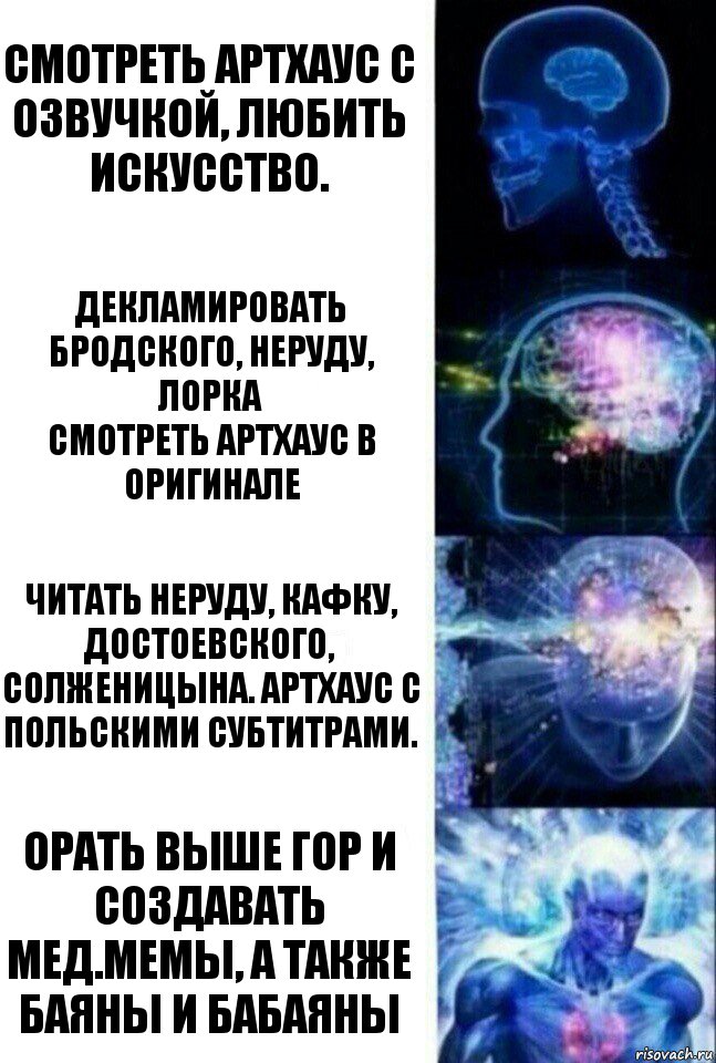 Смотреть артхаус с озвучкой, любить искусство. Декламировать Бродского, Неруду, Лорка
Смотреть артхаус в оригинале Читать Неруду, Кафку, Достоевского, Солженицына. Артхаус с польскими субтитрами. Орать выше гор и создавать мед.мемы, а также баяны и бабаяны, Комикс  Сверхразум