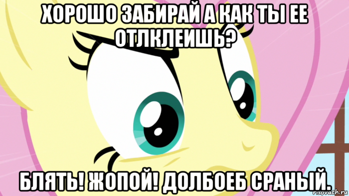хорошо забирай а как ты ее отлклеишь? блять! жопой! долбоеб сраный., Мем Злая флатершай