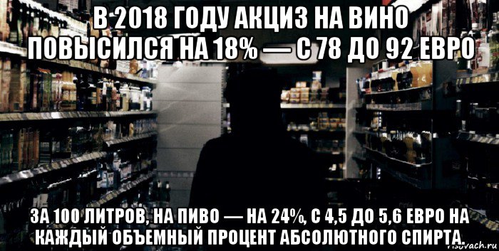 в 2018 году акциз на вино повысился на 18% — с 78 до 92 евро за 100 литров, на пиво — на 24%, с 4,5 до 5,6 евро на каждый объемный процент абсолютного спирта.
