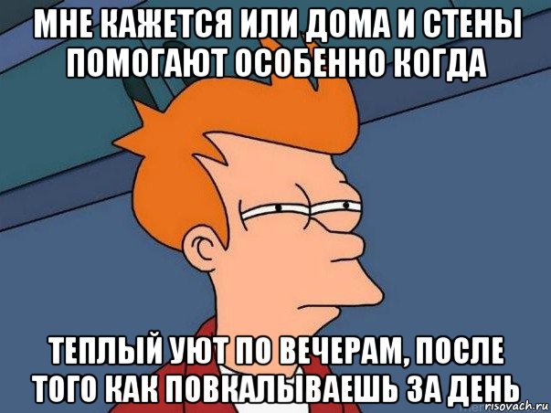 мне кажется или дома и стены помогают особенно когда теплый уют по вечерам, после того как повкалываешь за день, Мем  Фрай (мне кажется или)