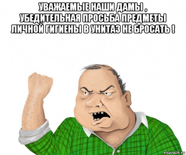 уважаемые наши дамы , убедительная просьба предметы личной гигиены в унитаз не бросать ! , Мем мужик