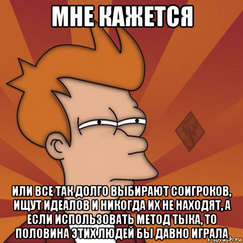 мне кажется или все так долго выбирают соигроков, ищут идеалов и никогда их не находят, а если использовать метод тыка, то половина этих людей бы давно играла, Мем ОР Мне кажется или