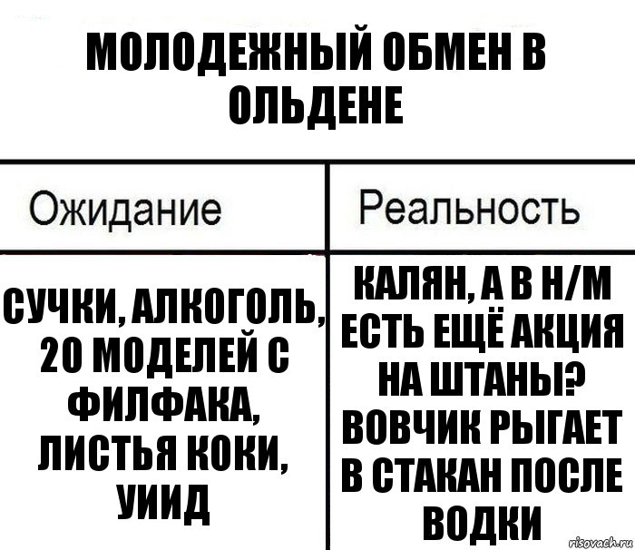 Молодежный обмен в ольдене Сучки, алкоголь, 20 моделей с филфака, листья коки, уиид Калян, а в H/M есть ещё акция на штаны?
Вовчик рыгает в стакан после водки