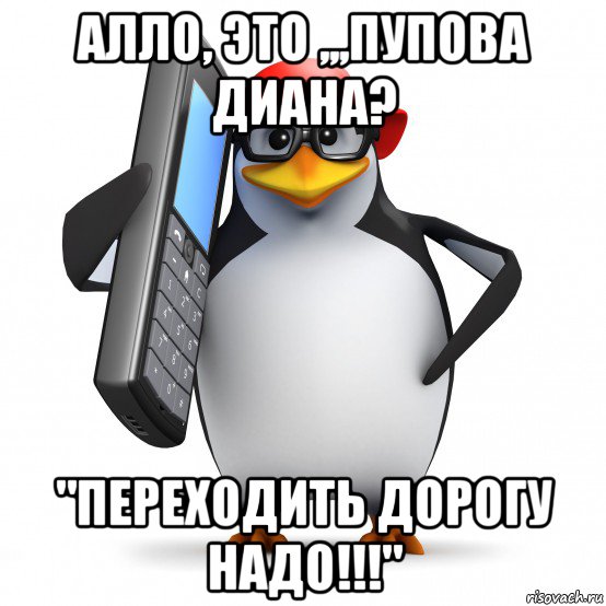 алло, это ,,,пупова диана? "переходить дорогу надо!!!", Мем   Пингвин звонит