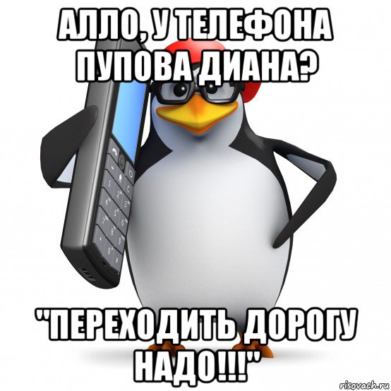 алло, у телефона пупова диана? "переходить дорогу надо!!!", Мем   Пингвин звонит