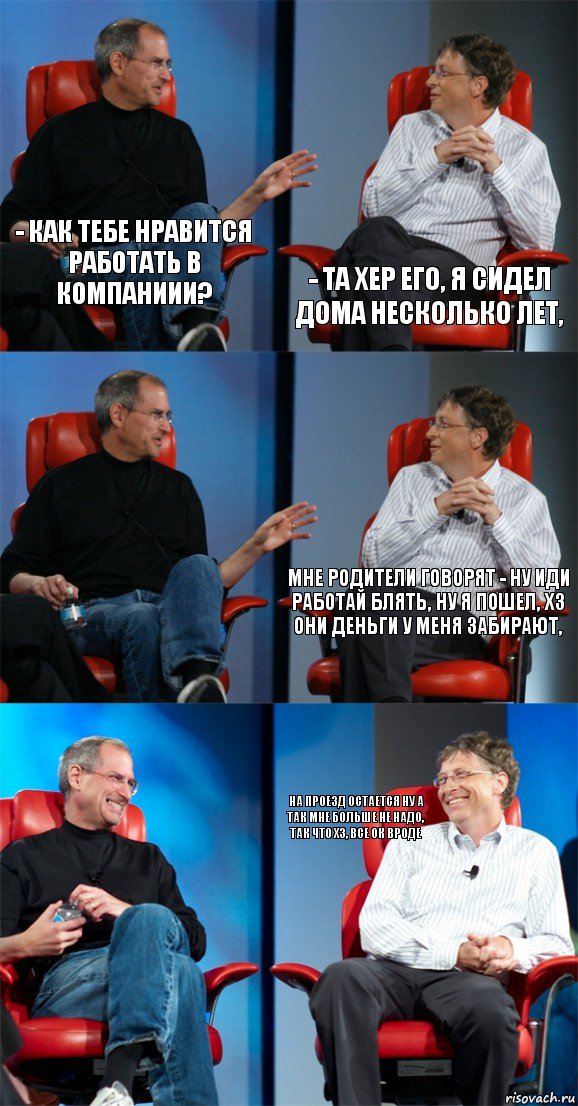 - как тебе нравится работать в компаниии? - та хер его, я сидел дома несколько лет,  мне родители говорят - ну иди работай блять, ну я пошел, хз они деньги у меня забирают,  на проезд остается ну а так мне больше не надо, так что хз, все ок вроде