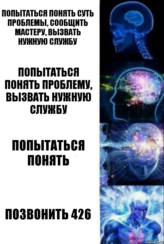 попытаться понять суть проблемы, сообщить мастеру, вызвать нужную службу попытаться понять проблему, вызвать нужную службу попытаться понять позвонить 426, Комикс  Сверхразум