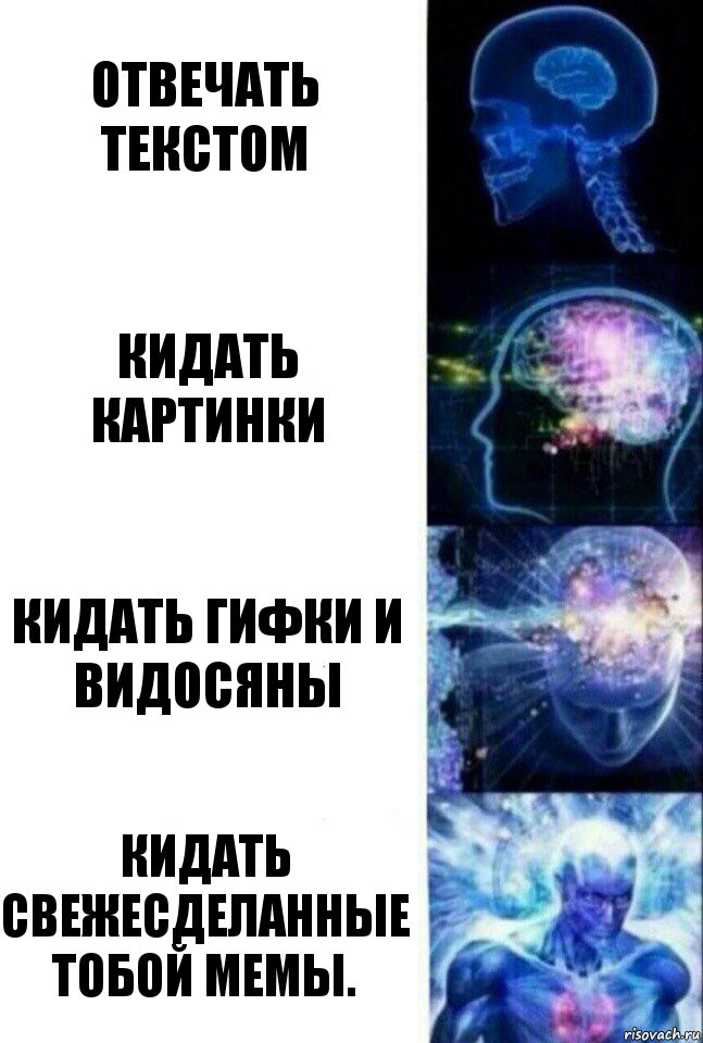 Отвечать текстом Кидать картинки Кидать гифки и видосяны Кидать свежесделанные тобой мемы., Комикс  Сверхразум