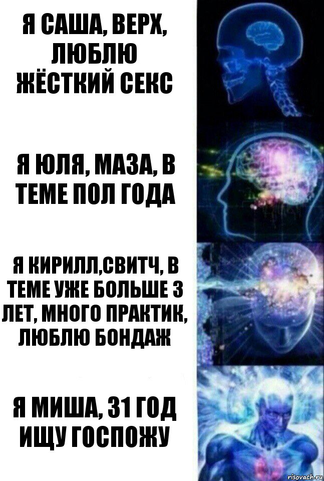 Я Саша, верх, люблю жёсткий секс Я юля, маза, в теме пол года Я Кирилл,свитч, в теме уже больше 3 лет, много практик, люблю бондаж Я миша, 31 год ищу госпожу, Комикс  Сверхразум