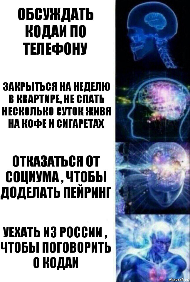 Обсуждать Кодаи по телефону Закрыться на неделю в квартире, не спать несколько суток живя на кофе и сигаретах Отказаться от социума , чтобы доделать пейринг Уехать из России , чтобы поговорить о Кодаи, Комикс  Сверхразум