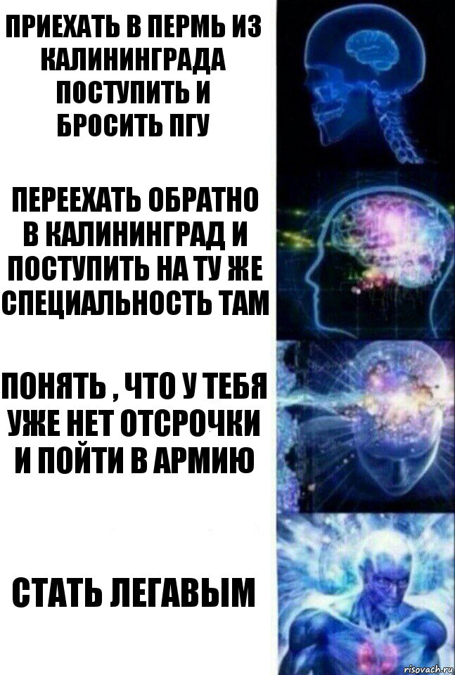 приехать в Пермь из Калининграда поступить и бросить ПГУ переехать обратно в Калининград и поступить на ту же специальность там понять , что у тебя уже нет отсрочки и пойти в армию СТАТЬ ЛЕГАВЫМ, Комикс  Сверхразум