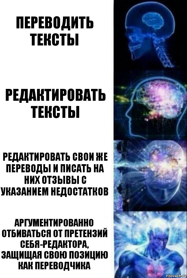 переводить тексты редактировать тексты редактировать свои же переводы и писать на них отзывы с указанием недостатков аргументированно отбиваться от претензий себя-редактора, защищая свою позицию как переводчика, Комикс  Сверхразум