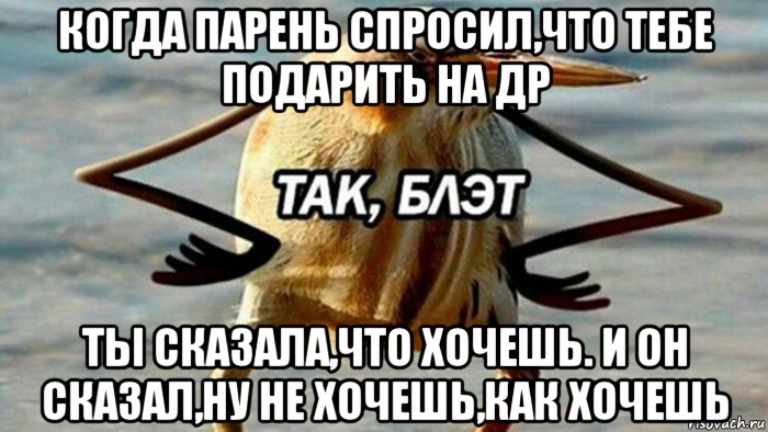 когда парень спросил,что тебе подарить на др ты сказала,что хочешь. и он сказал,ну не хочешь,как хочешь, Мем  Так блэт