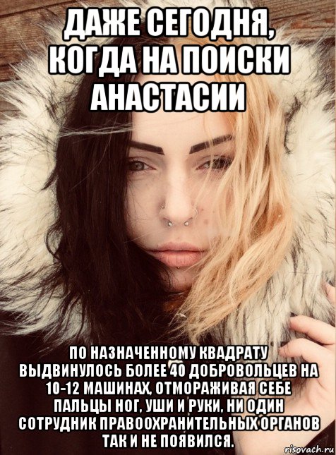 даже сегодня, когда на поиски анастасии по назначенному квадрату выдвинулось более 40 добровольцев на 10-12 машинах, отмораживая себе пальцы ног, уши и руки, ни один сотрудник правоохранительных органов так и не появился.
