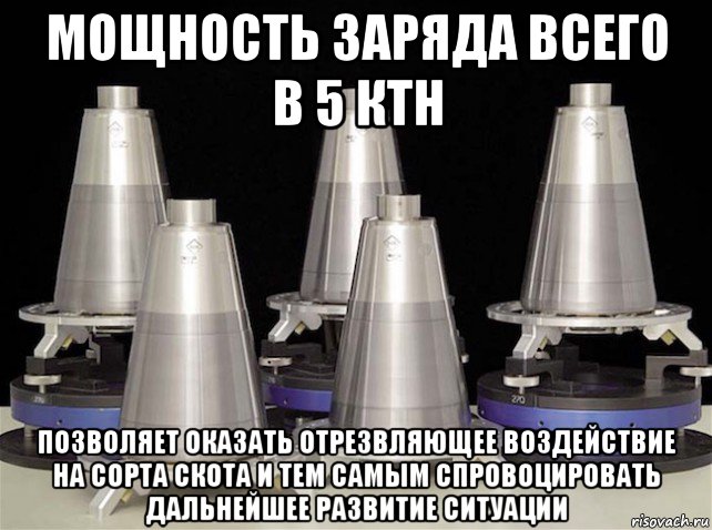 мощность заряда всего в 5 ктн позволяет оказать отрезвляющее воздействие на сорта скота и тем самым спровоцировать дальнейшее развитие ситуации