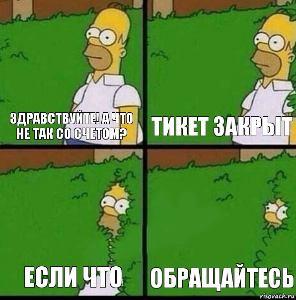 Здравствуйте! А что не так со счетом? Тикет закрыт Если что Обращайтесь, Комикс Гомер спрятался в кусты