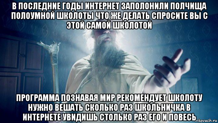 в последние годы интернет заполонили полчища полоумной школоты что же делать спросите вы с этой самой школотой программа познавая мир рекомендует школоту нужно вешать сколько раз школьничка в интернете увидишь столько раз его и повесь