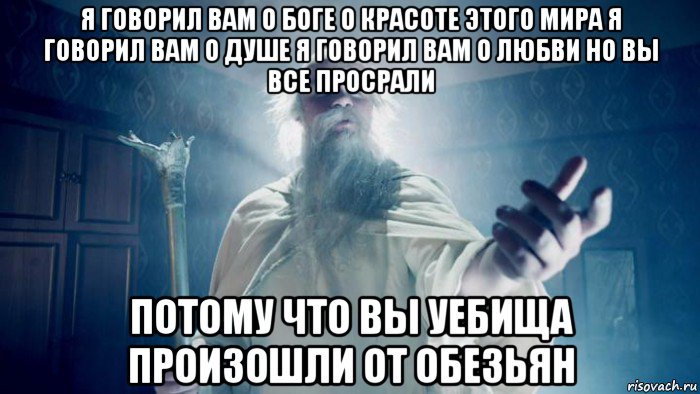 я говорил вам о боге о красоте этого мира я говорил вам о душе я говорил вам о любви но вы все просрали потому что вы уебища произошли от обезьян, Мем Избранник тайной силы