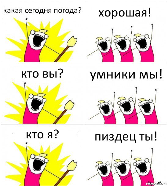 какая сегодня погода? хорошая! кто вы? умники мы! кто я? пиздец ты!