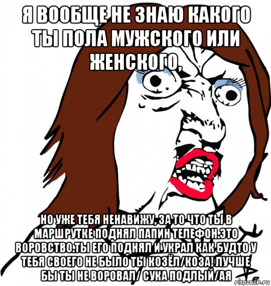 я вообще не знаю какого ты пола мужского или женского, но уже тебя ненавижу, за то что ты в маршрутке поднял папин телефон.это воровство.ты его поднял и украл как будто у тебя своего не было ты козёл/коза! лучше бы ты не воровал/ сука подлый/ая, Мем Ну почему (девушка)