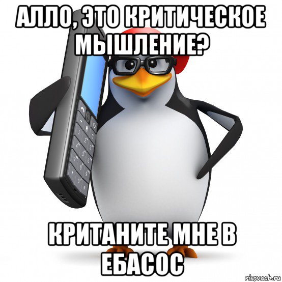 алло, это критическое мышление? кританите мне в ебасос, Мем   Пингвин звонит