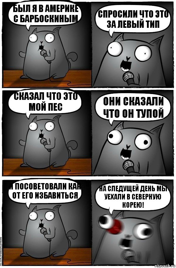 Был я в Америке с Барбоскиным Спросили что это за левый тип Сказал что это мой пес Они сказали что он тупой И посоветовали как от его избавиться На следущей день мы уехали в Северную Корею!