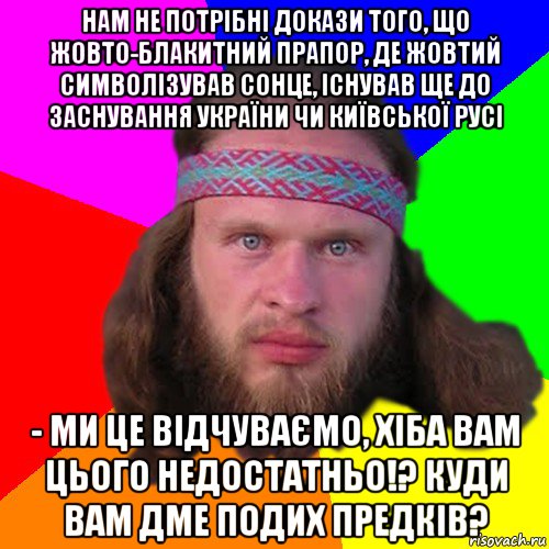 нам не потрібні докази того, що жовто-блакитний прапор, де жовтий символізував сонце, існував ще до заснування україни чи київської русі - ми це відчуваємо, хіба вам цього недостатньо!? куди вам дме подих предків?, Мем Типичный долбослав