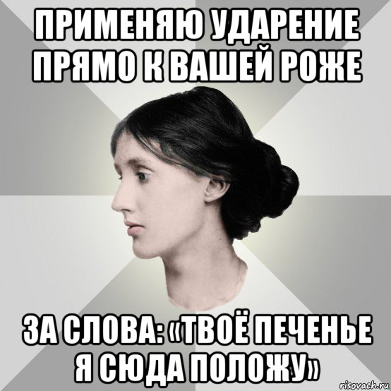 применяю ударение прямо к вашей роже за слова: «твоё печенье я сюда положу», Мем филологическая дева