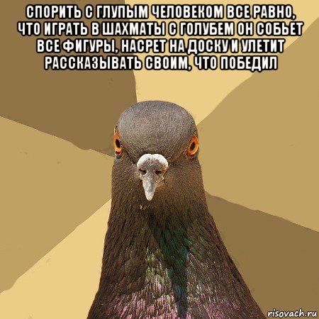 спорить с глупым человеком все равно, что играть в шахматы с голубем он собьет все фигуры, насрет на доску и улетит рассказывать своим, что победил 