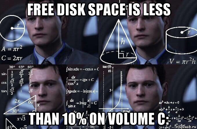 free disk space is less than 10% on volume c: